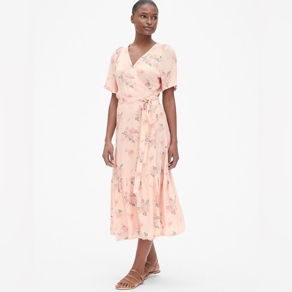 GAP Pale Pink Floral Wrap Midi Dress